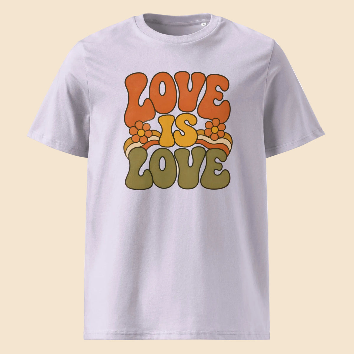 Camiseta color lavanda de algodón orgánico con gráfico setentero Love is Love Melian Vintage