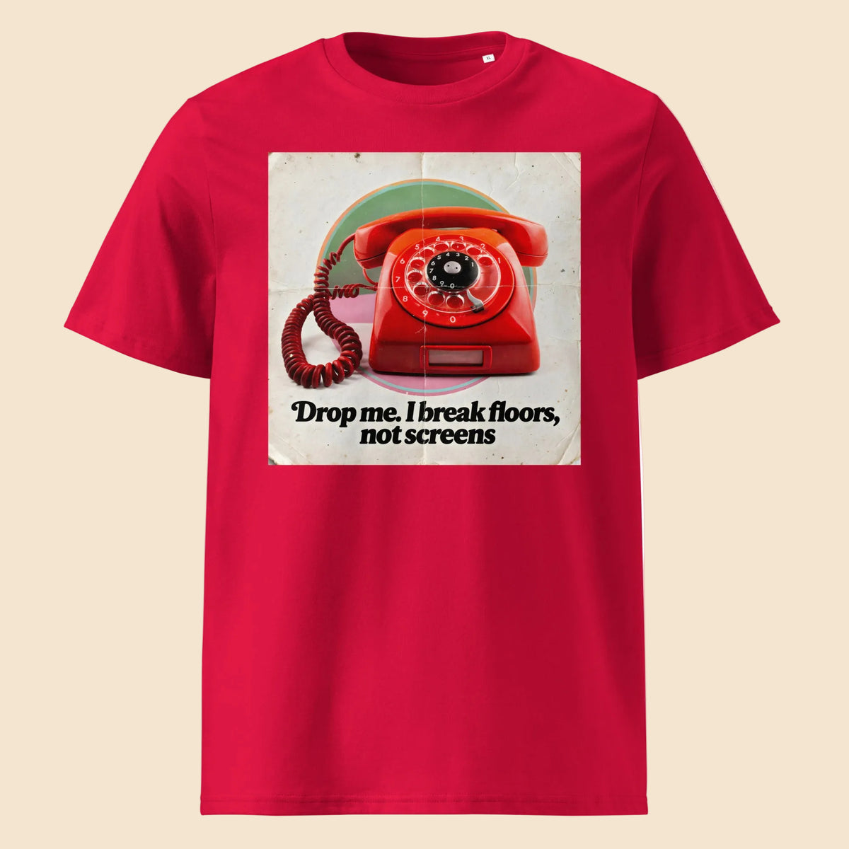 Camiseta roja de algodón orgánico con diseño de teléfono de disco retro Break Floors Melian Vintage