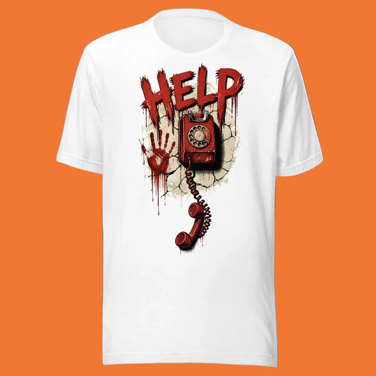 Camiseta blanca de terror vintage con diseño de teléfono rojo descolgado y texto HELP goteando - Melian Vintage