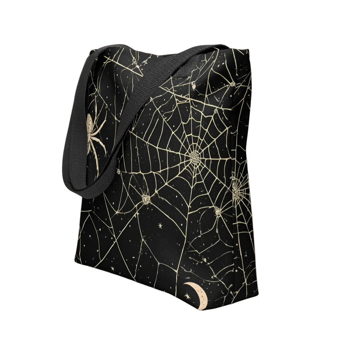 Bolsa de tela negra con estampado integral de telarañas, araña, luna creciente y estrellas en tono crema