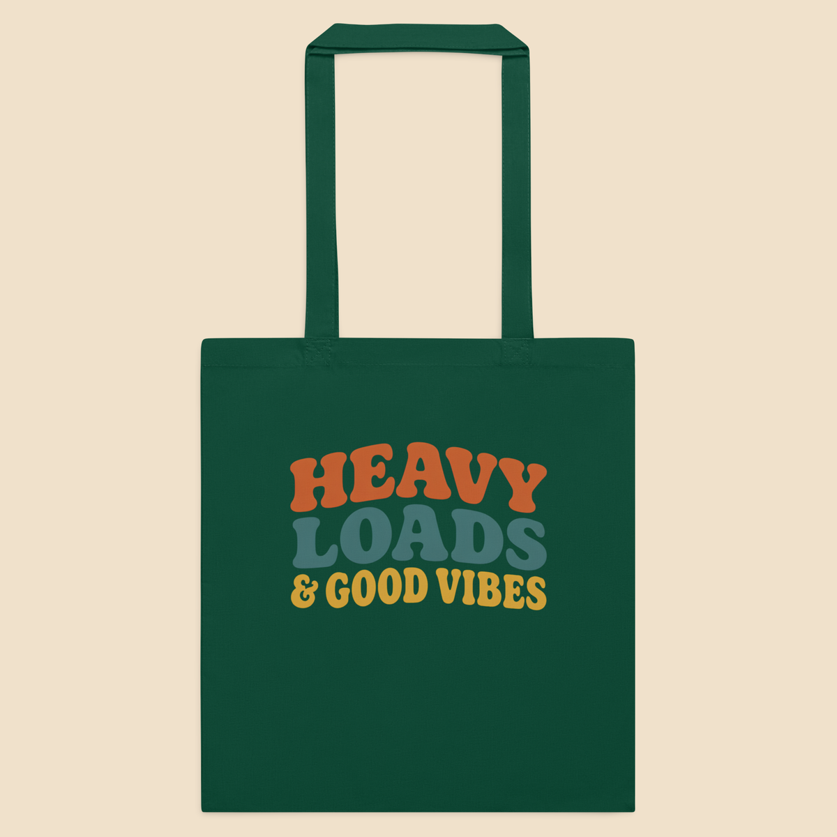 Bolsa de tela clásica en color verde botella con gráfico frontal de letras fluidas de los años 70.