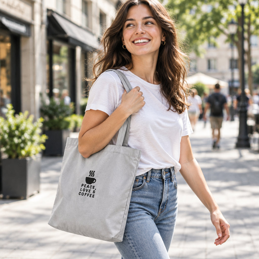 Bolsa de tela de algodón en tono gris claro con ilustración en negro de café.