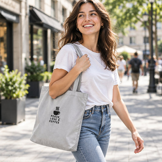 Bolsa de tela de algodón en tono gris claro con ilustración en negro de café.