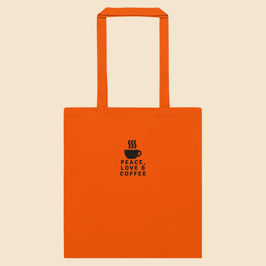 Bolsa de tela de algodón color naranja con diseño «Peace, Love & Coffee» y gráfico de taza de café humeante.