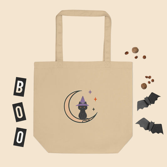 Bolsa de algodón orgánico con ilustración de gato negro con sombrero de bruja, luna creciente y estrellas