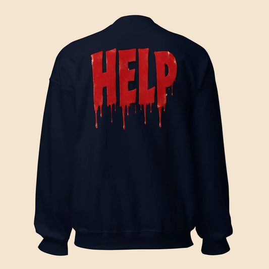 Sudadera azul marino con diseño HELP en rojo y efecto goteante de estilo horror vintage