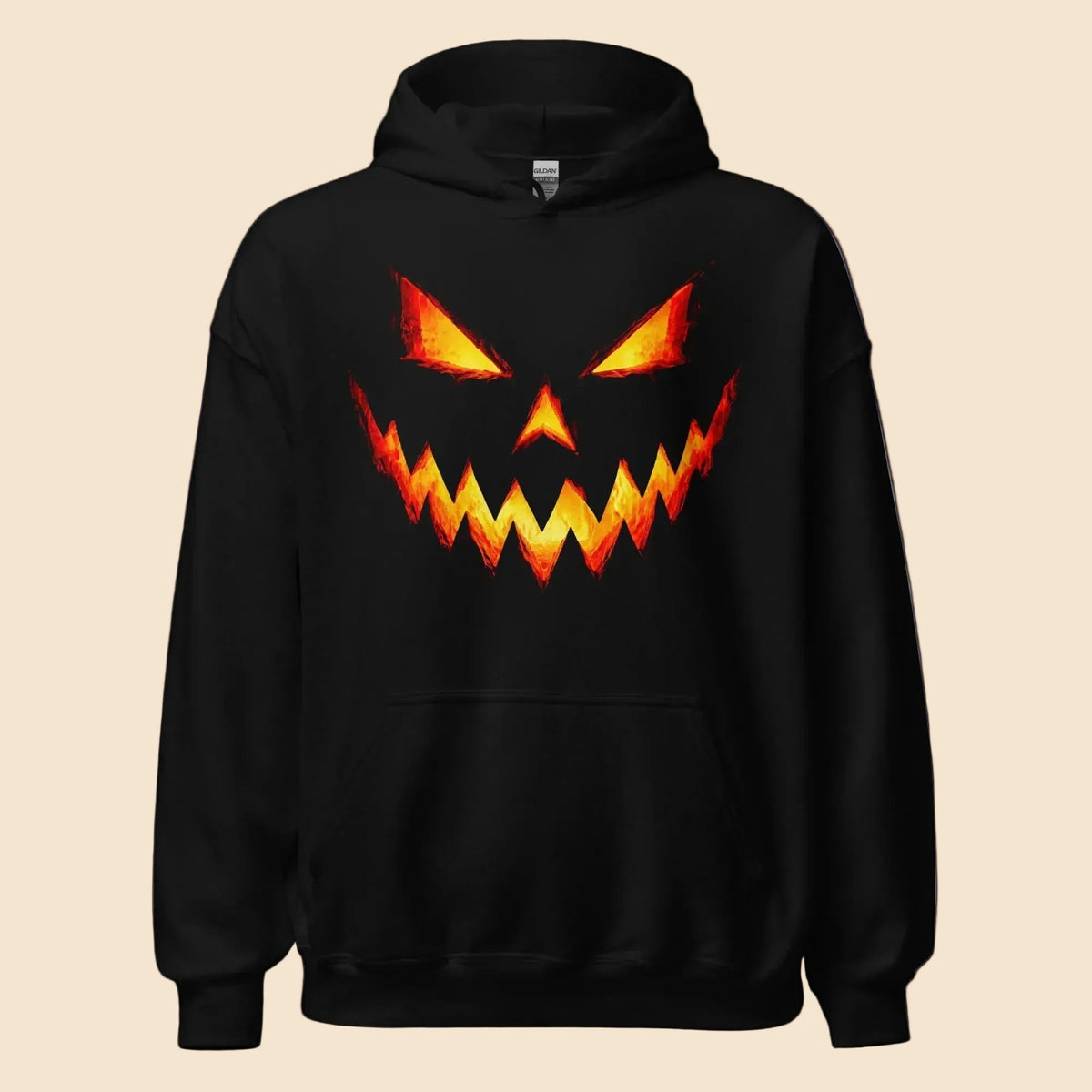 Sudadera negra con capucha y diseño frontal de calabaza de Halloween iluminada en naranja y amarillo