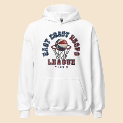 Sudadera con capucha blanca con diseño universitario frontal East Coast Hoops.