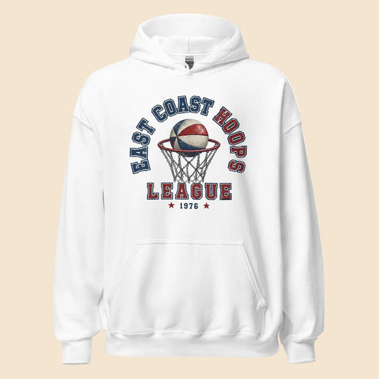 Sudadera con capucha blanca con diseño universitario frontal East Coast Hoops.