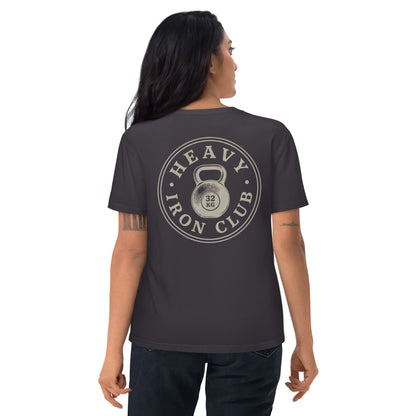 Chica vistiendo camiseta gris antracita diseño kettlebell vintage Melian Vintage
