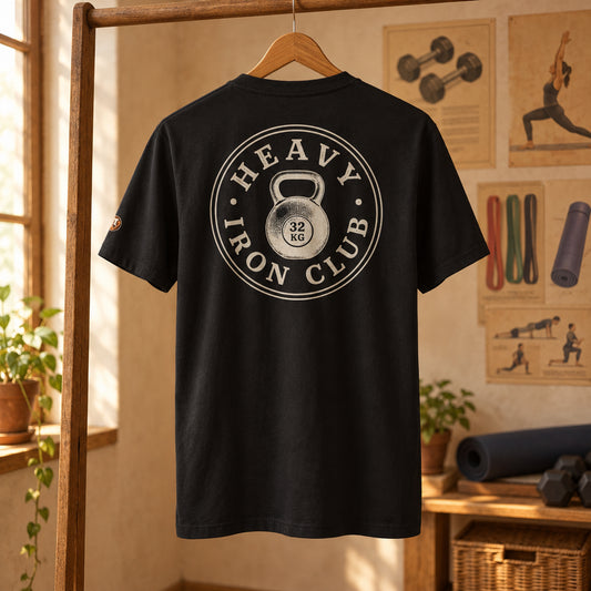Camiseta negra de algodón orgánico con emblema circular Heavy Iron Club Melian Vintage
