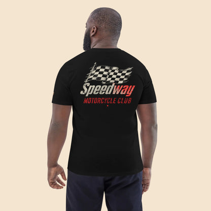 Hombre vistiendo camiseta negra con estampado trasero Speedway Motorcycle Club
