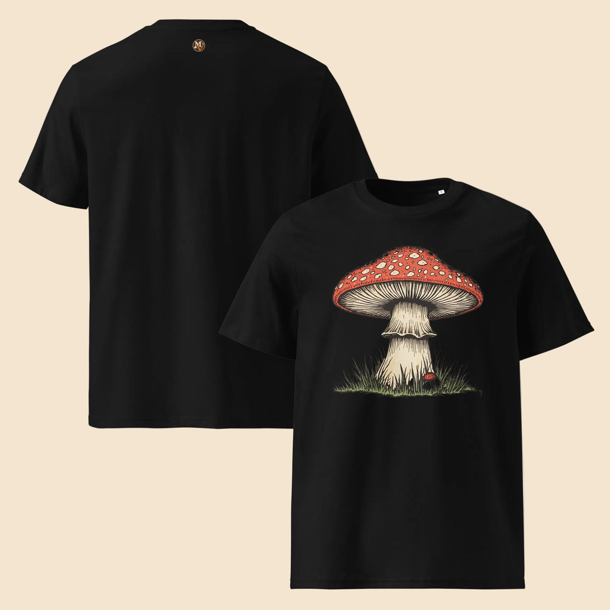 Camisetas negras con estampado botánico de hongo silvestre estilo años 70
