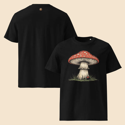 Camisetas negras con estampado botánico de hongo silvestre estilo años 70

