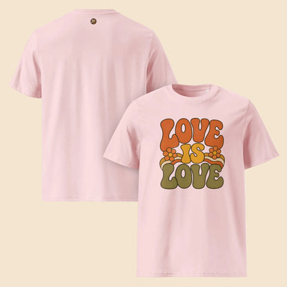 Camisetas rosa pastel con ilustración setentera de flores arcoíris y texto Love is Love
