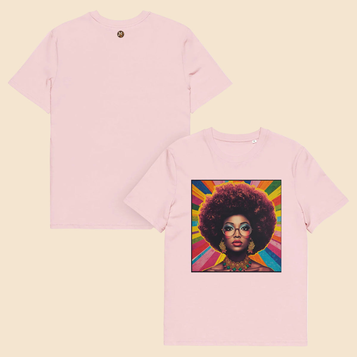 Camisetas de algodón sostenible con retrato pop art de diva del soul y fondo psicodélico
