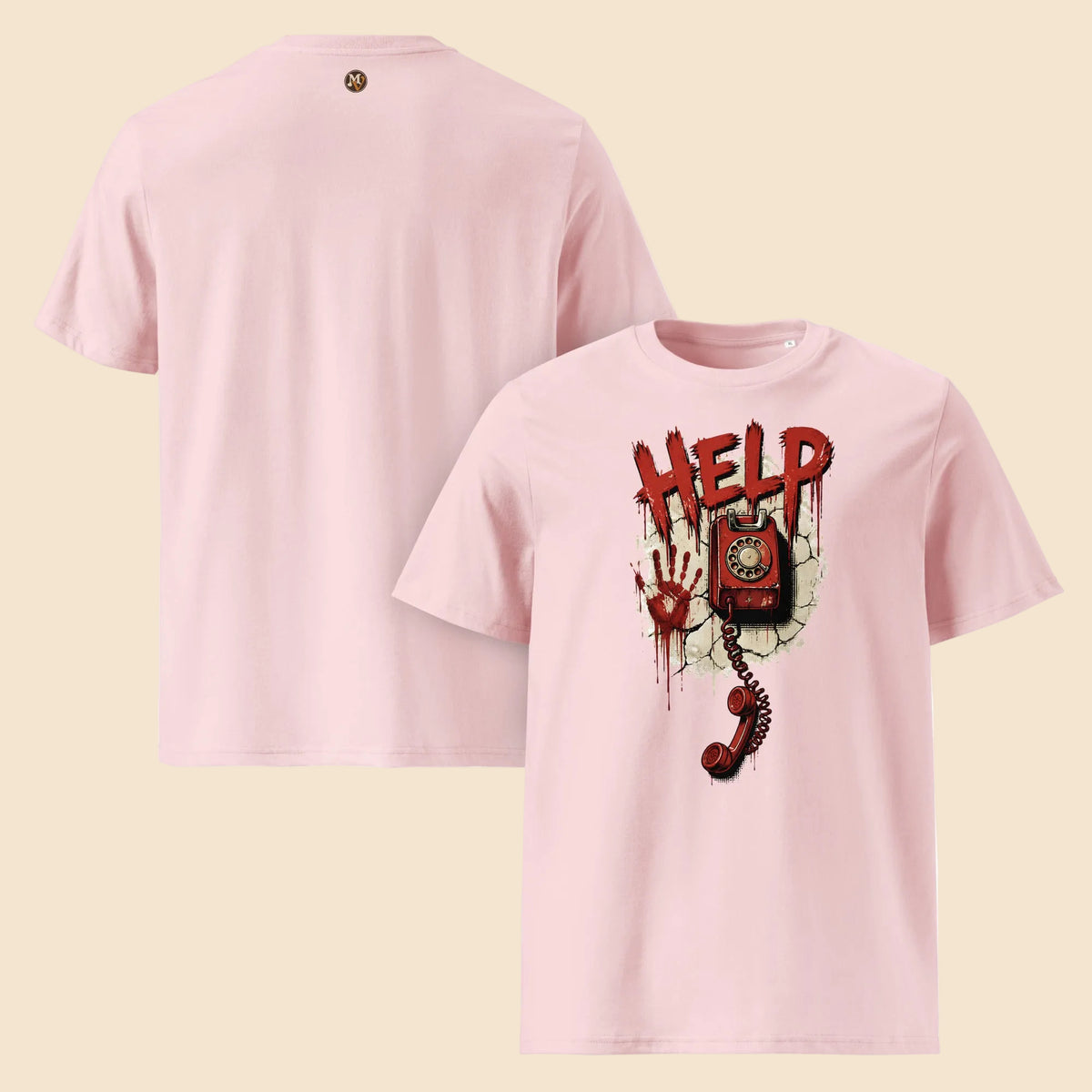 Camisetas rosa pastel con ilustración de teléfono de disco y sangre estilo años 80
