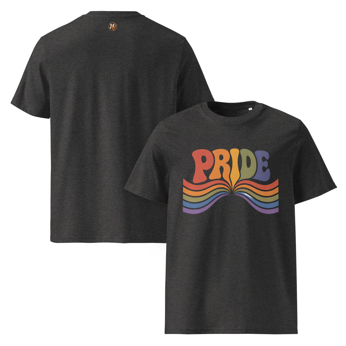 Camisetas oscuras con diseño retro de arcoíris setentero y texto Pride
