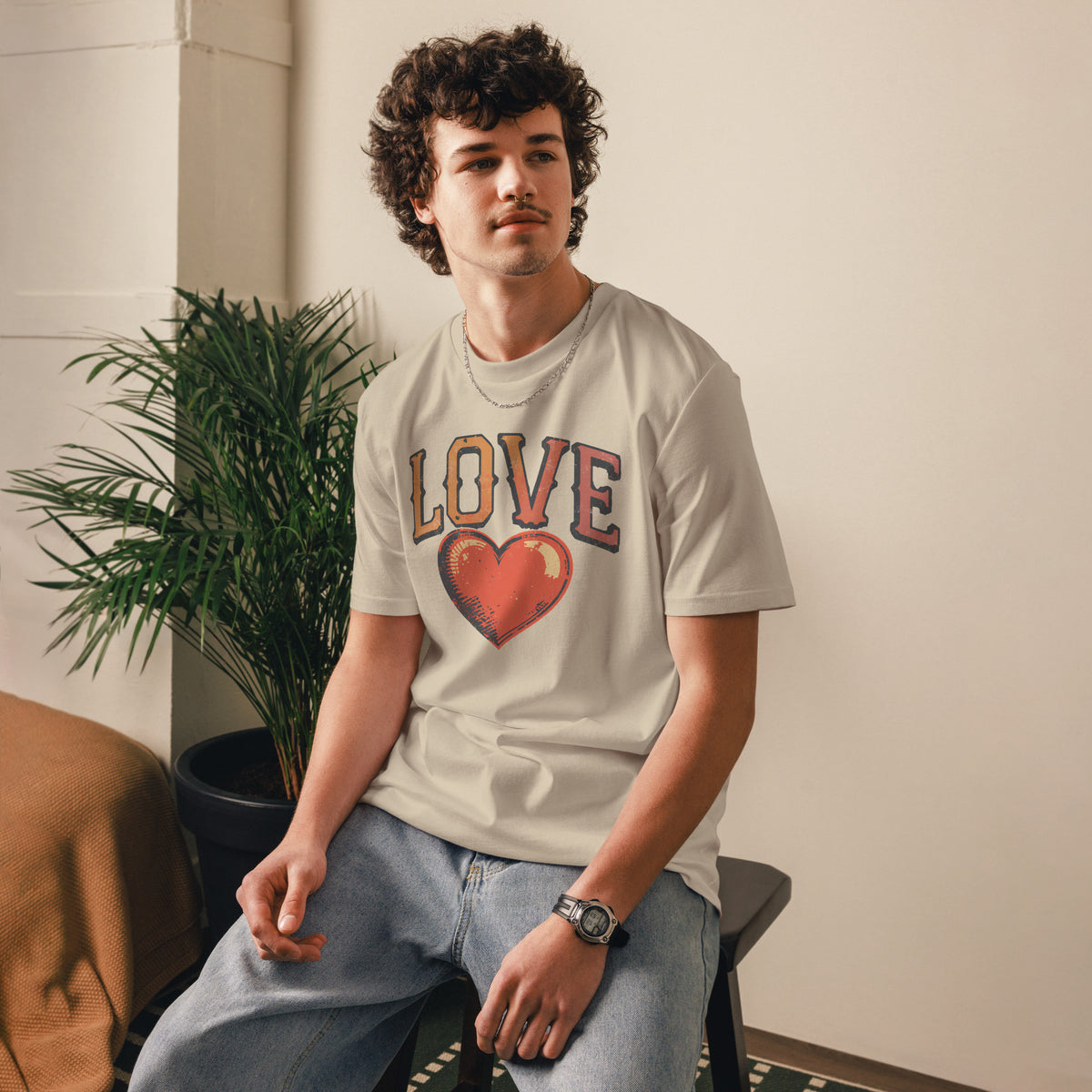 Modelo masculino con camiseta de algodón sostenible y corte unisex
