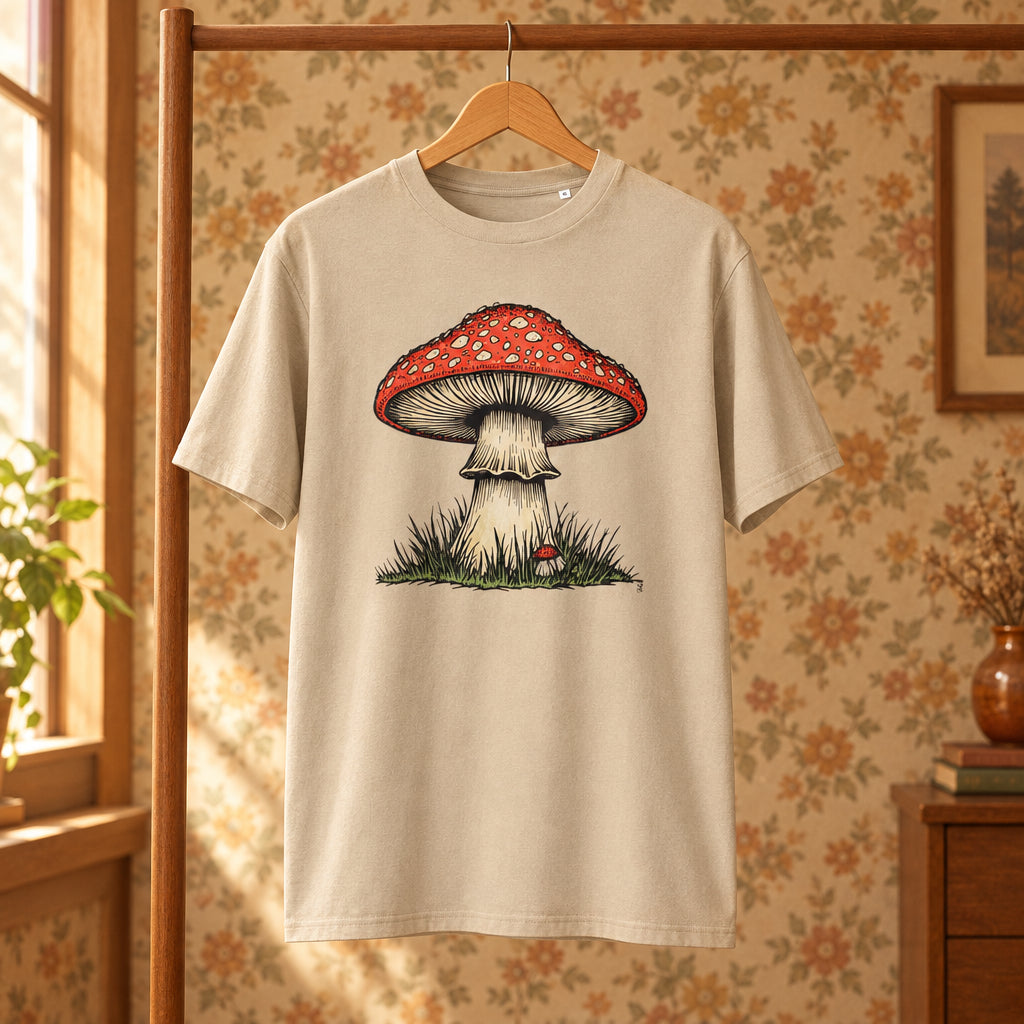 Camiseta beige de algodón orgánico colgada en percha con grabado de seta Amanita Melian Vintage
