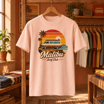 Camiseta melocotón de algodón orgánico con gráfico de furgoneta camper Malibu Surf Club Melian Vintage
