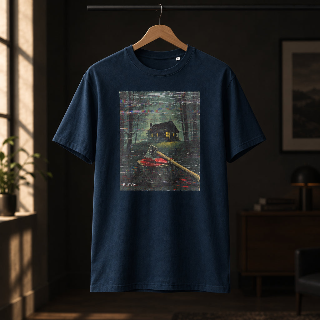 Camiseta azul marino de algodón orgánico colgada en percha con diseño de cabaña de terror VHS The Cabin Melian Vintage
