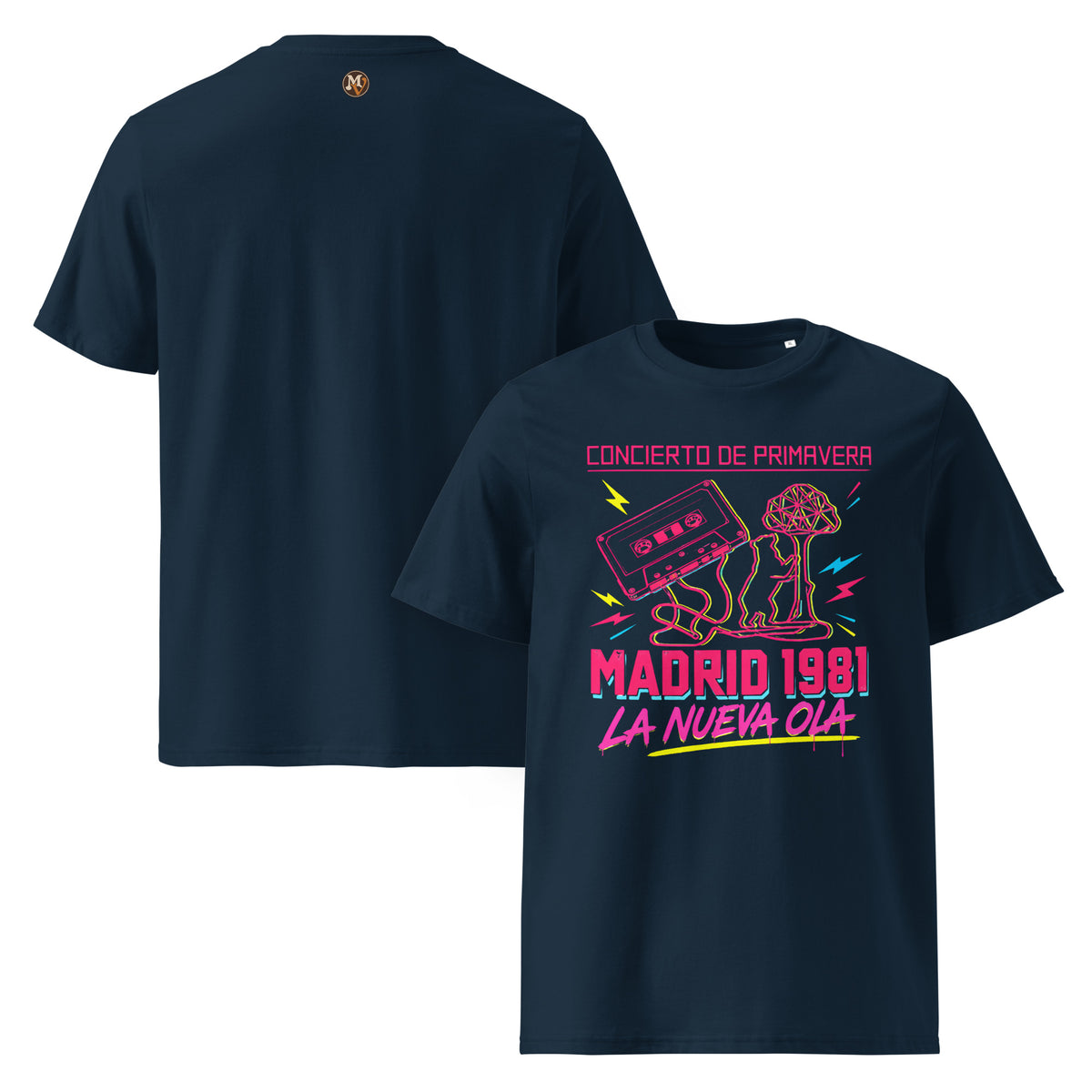 Camisetas oscuras con estampado de casete de neón y oso y el madroño estilo años 80
