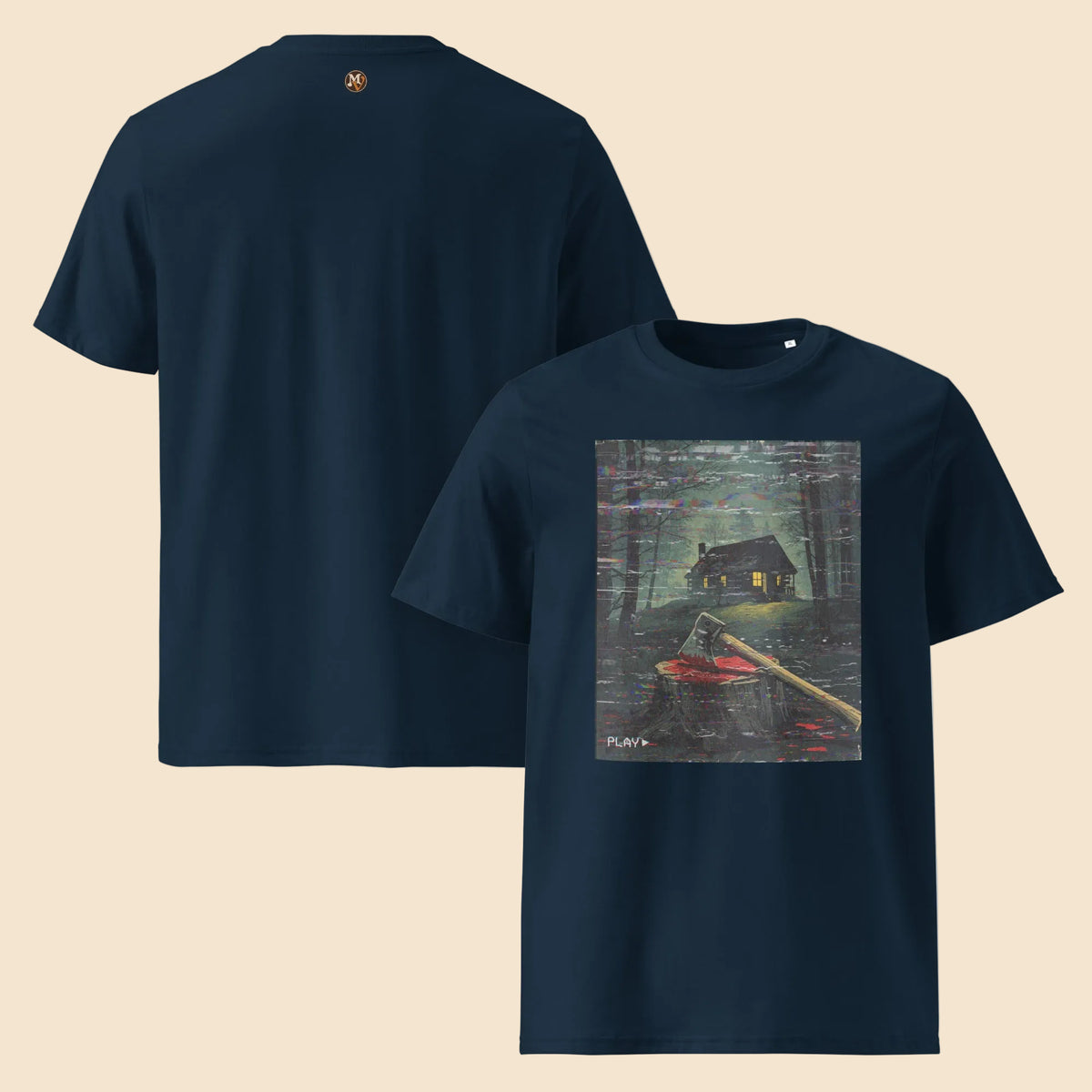 Camisetas azul marino de corte unisex con gráfico de terror vintage en el bosque
