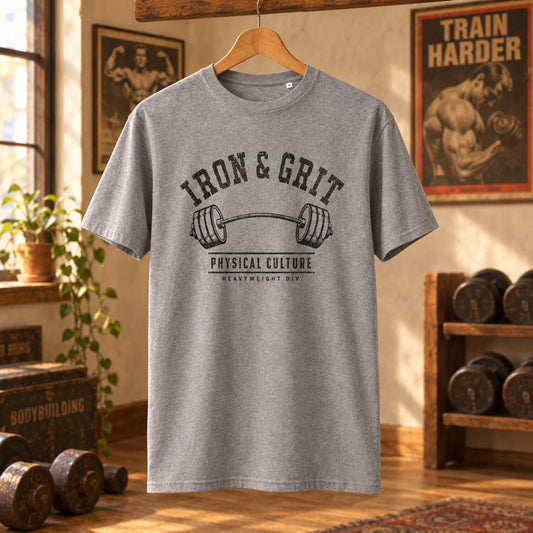 Camiseta gris jaspeada de algodón orgánico con diseño de barra doblada Iron & Grit Melian Vintage
