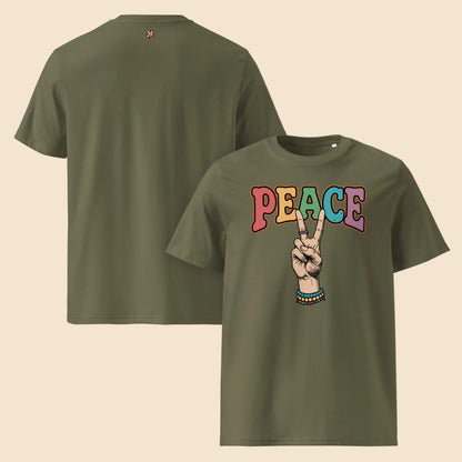 Camisetas verde caqui con diseño retro de los años 70 y letras Peace multicolor
