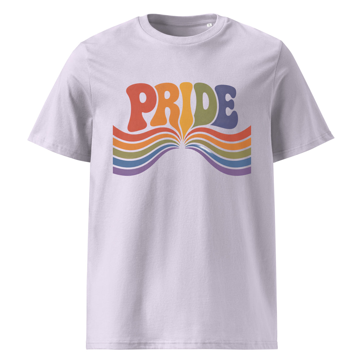 Camiseta color lavanda de algodón orgánico con tipografía psicodélica Groovy Pride Melian Vintage
