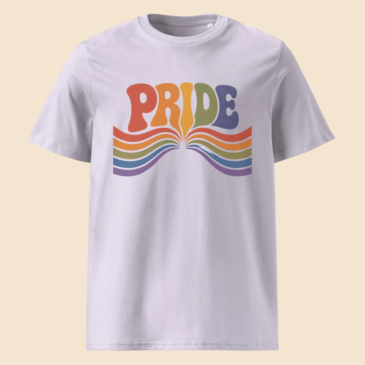 Camiseta color lavanda de algodón orgánico con tipografía psicodélica Groovy Pride Melian Vintage
