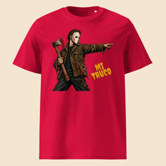 Camiseta roja de algodón orgánico con ilustración de asesino slasher Mi Truco Melian Vintage
