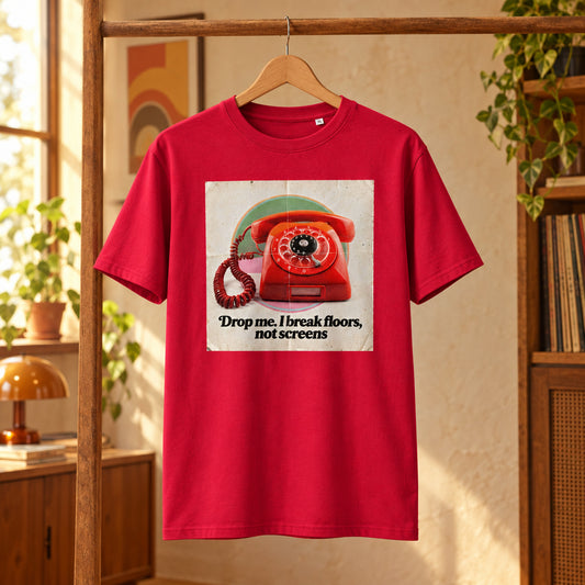 Camiseta roja de algodón orgánico con diseño de teléfono de disco retro Break Floors Melian Vintage
