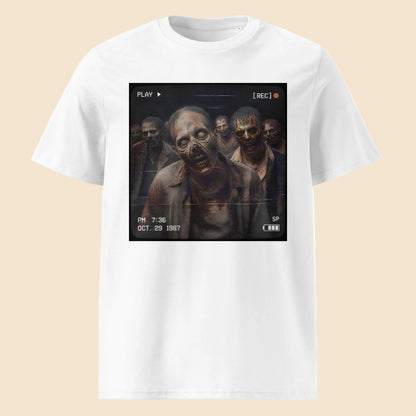 Camiseta blanca unisex de algodón orgánico con gráfico de zombis VHS October 1987 Melian Vintage 