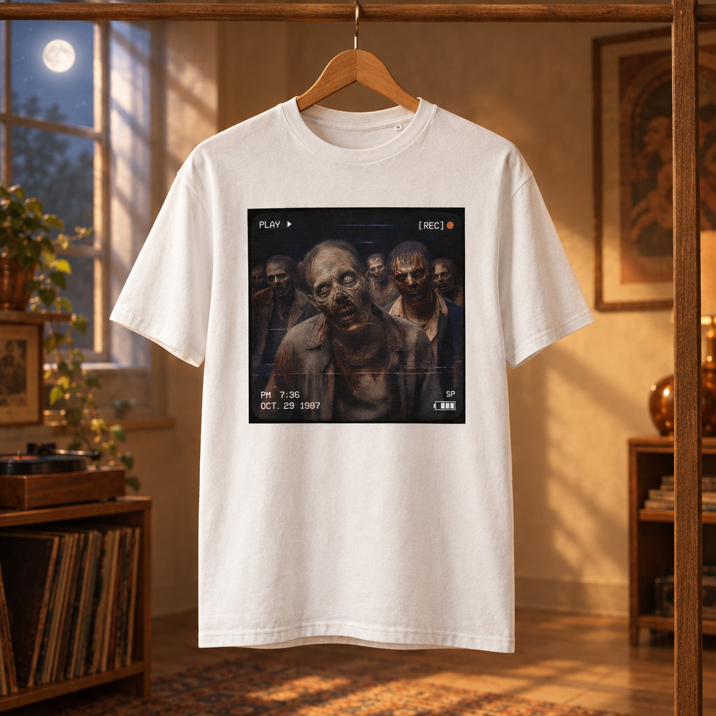 Camiseta blanca unisex de algodón orgánico con gráfico de zombis VHS October 1987 Melian Vintage en una percha
