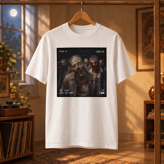 Camiseta blanca unisex de algodón orgánico con gráfico de zombis VHS October 1987 Melian Vintage en una percha
