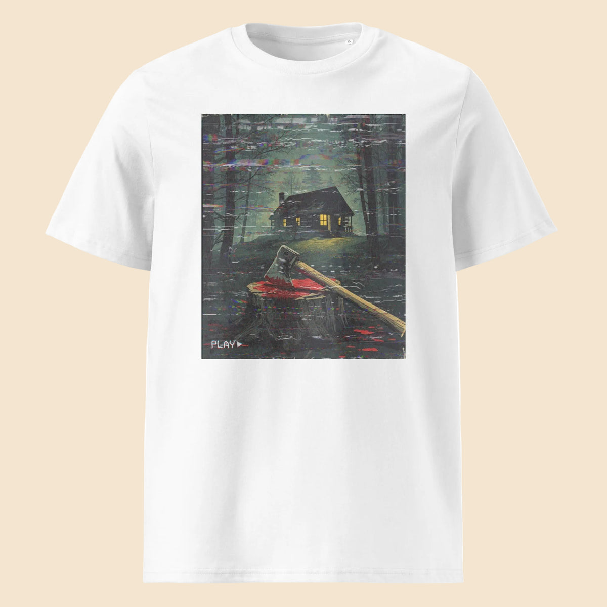Camiseta blanca de algodón orgánico con diseño de cabaña de terror VHS The Cabin Melian Vintage
