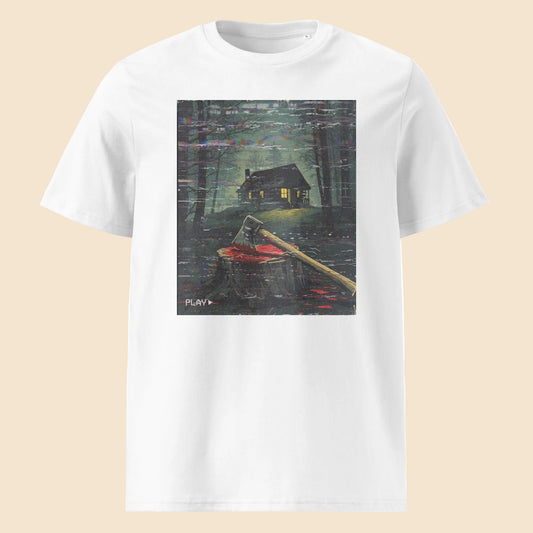 Camiseta blanca de algodón orgánico con diseño de cabaña de terror VHS The Cabin Melian Vintage
