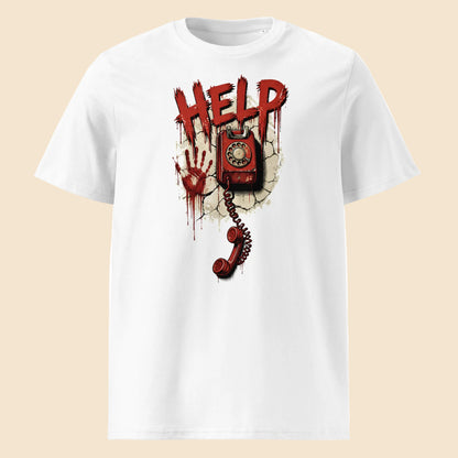 Camiseta blanca de algodón orgánico con diseño de teléfono retro HELP Melian Vintage
