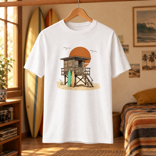 Camiseta blanca de algodón orgánico con ilustración de caseta de playa y tablas de surf Surf Shack Melian Vintage
