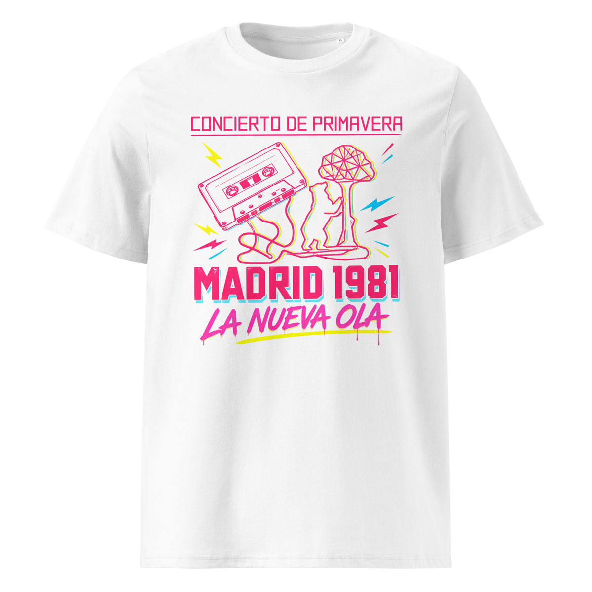 Camiseta blanca de algodón orgánico con diseño Madrid 1981 La Nueva Ola Melian Vintage
