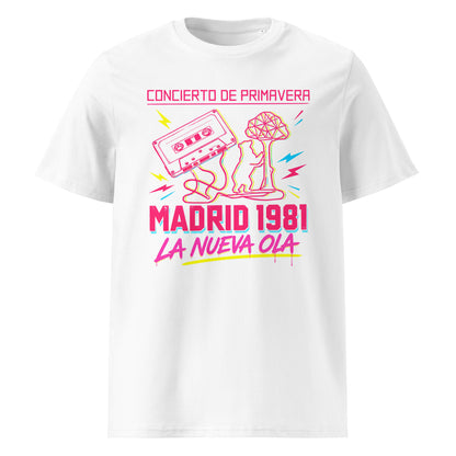 Camiseta blanca de algodón orgánico con diseño Madrid 1981 La Nueva Ola Melian Vintage
