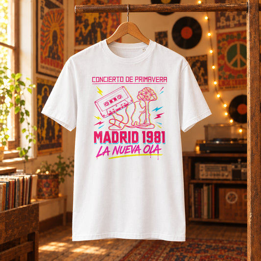 Camiseta blanca de algodón orgánico con diseño Madrid 1981 La Nueva Ola Melian Vintage
