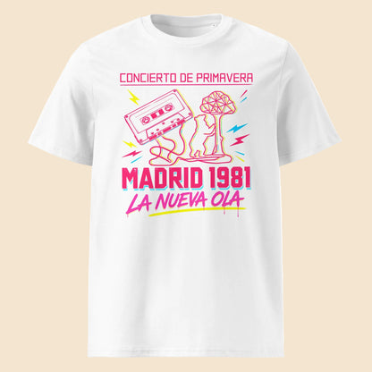Camiseta blanca de algodón orgánico con diseño Madrid 1981 La Nueva Ola Melian Vintage