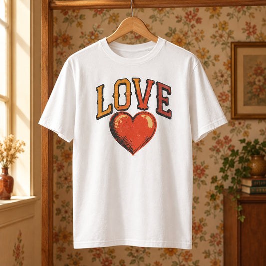 Camiseta blanca de algodón orgánico con tipografía LOVE y corazón vintage Melian Vintage
