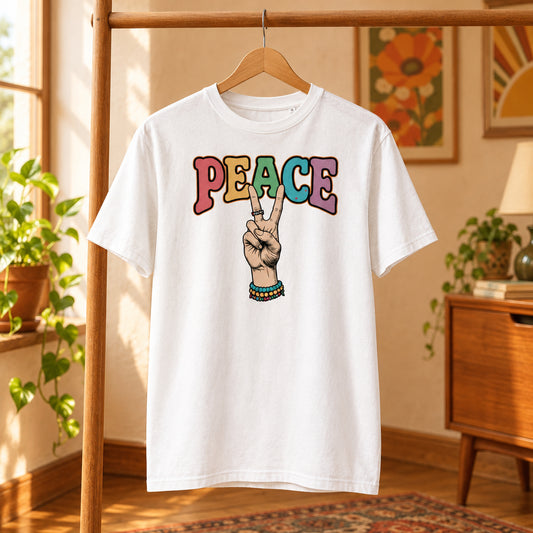 Camiseta blanca de algodón orgánico con gráfico de símbolo de la paz y letras PEACE Melian Vintage
