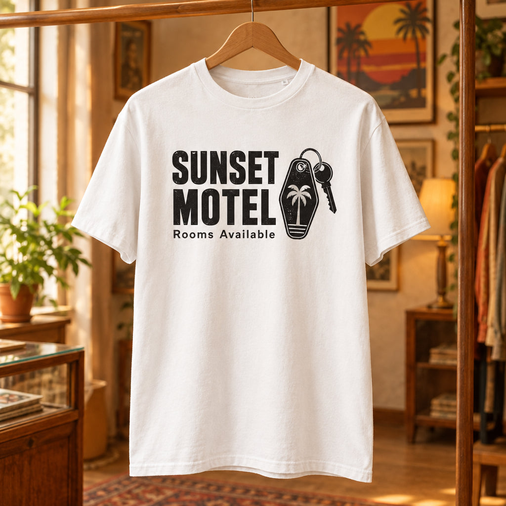 Camiseta blanca de algodón orgánico con diseño de motel retro Sunset Motel Melian Vintage

