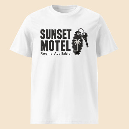 Camiseta blanca de algodón orgánico con diseño de motel retro Sunset Motel Melian Vintage
