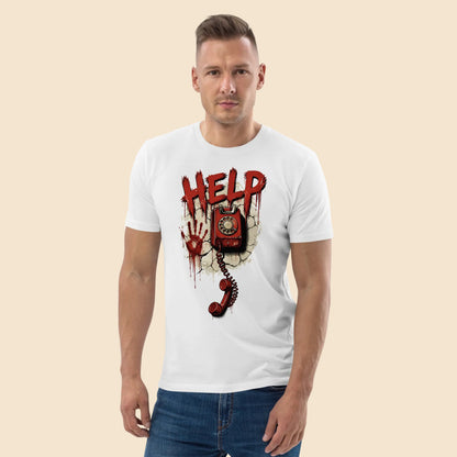 Hombre vistiendo camiseta blanca unisex de terror slasher colección Halloween
